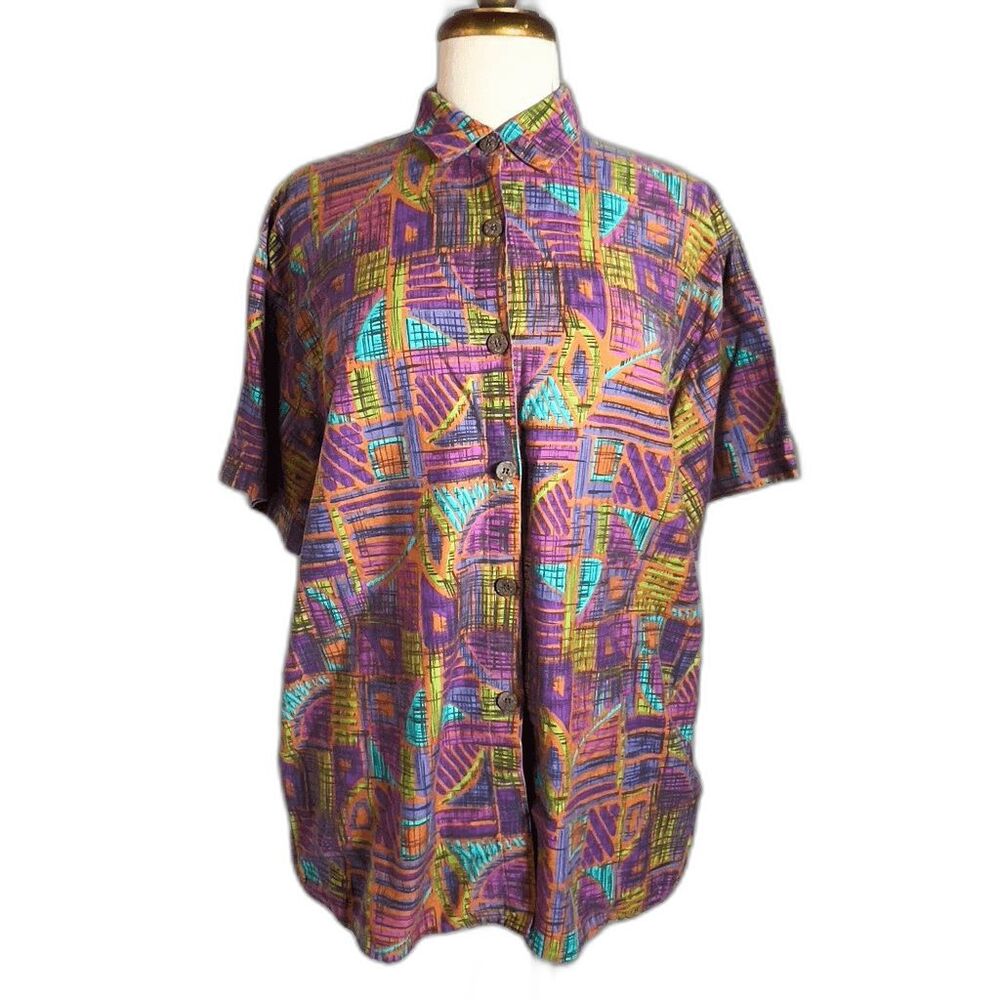 Premises Blouse Size L Vintage 80's Abstract Art Design Button-Down Top